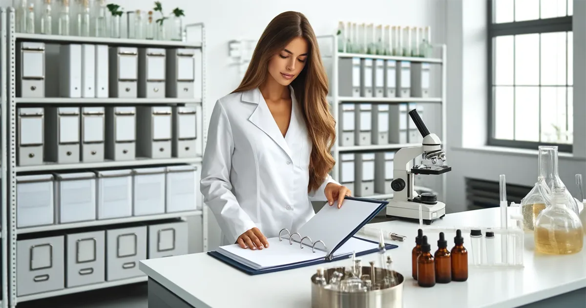 female lab technician reviewing gmp certification sop